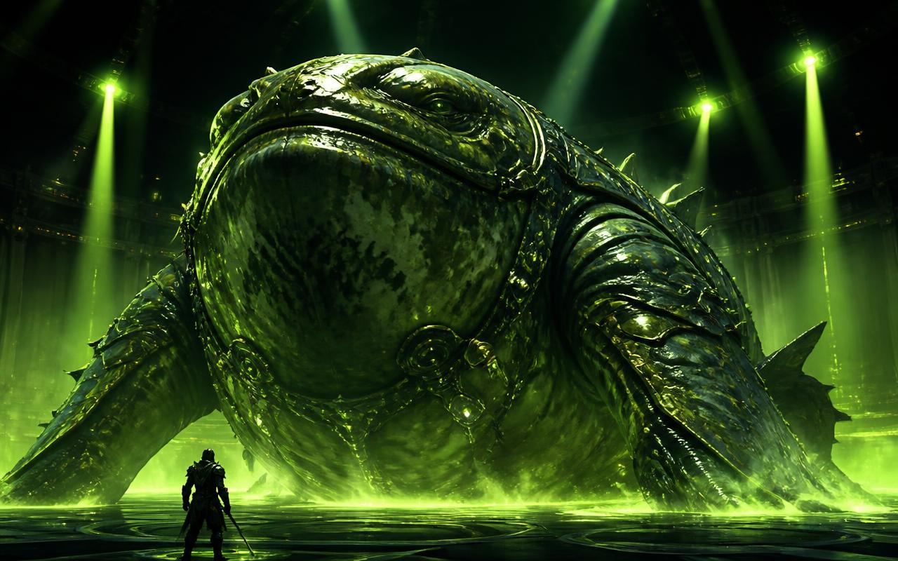 A giant armored boss frog looming over a lone fighter
